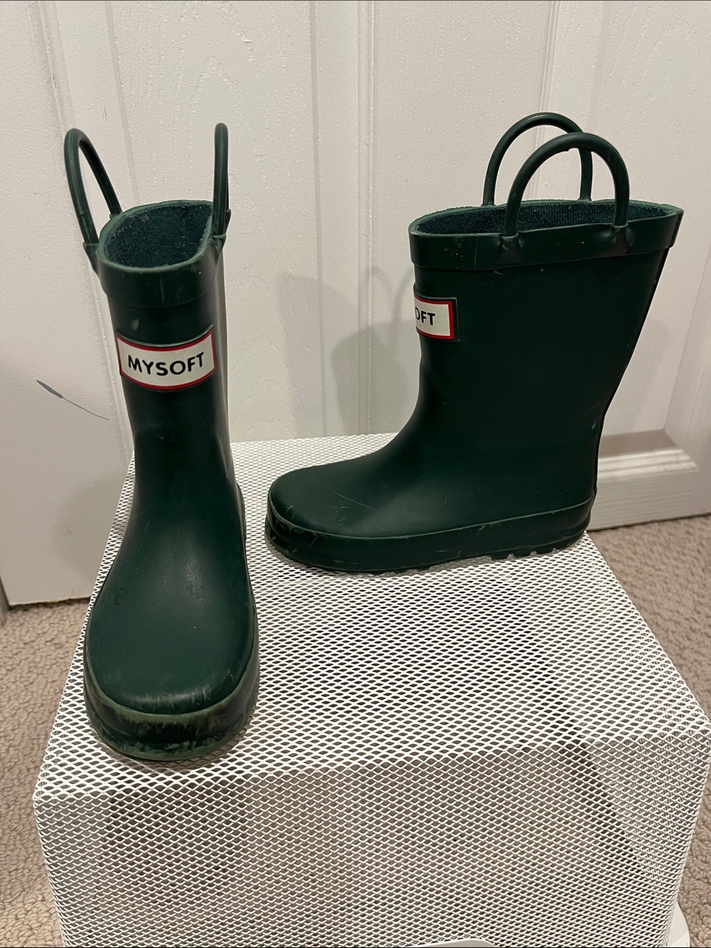 MYSOFT Forest Green Kids Rain Boots with Pull Handles